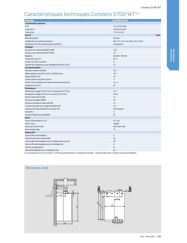 Caractéristiques chaudière gaz à condensation Bosch murale avec ballon intégré - 5700i WT